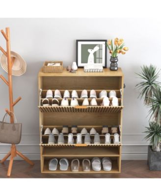 Slim Fluted Shoe Cabinet for Entryway Freestanding Narrow Shoe Storage with 2 Flip Drawers Open Bottom Shelf and Side Hooks for Foyer and Hall