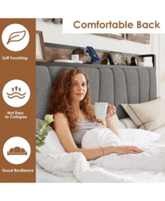 queen bed frame with storage drawers, charging station, and upholstered headboard.