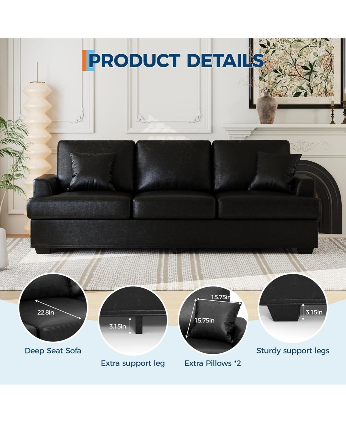 gaomon Modern Sofa with 2 Throw Pillows, Deep Seat Couch Upholstered Cushion & Removable Cover