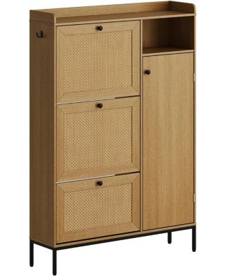 "Shoe cabinet with 3 flip drawers, rattan freestanding organizer with adjustable shelves and metal knob, narrow shoe rack for entryway."