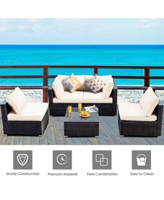 5PCS Rattan Patio Conversation Set Sofa Furniture Set w/ White Cushions