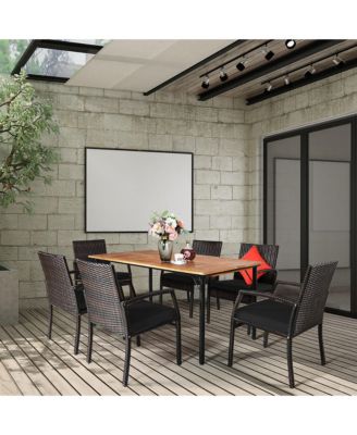 7PCS Patio Dining Furniture Set Yard w/ Wooden Tabletop Cushions