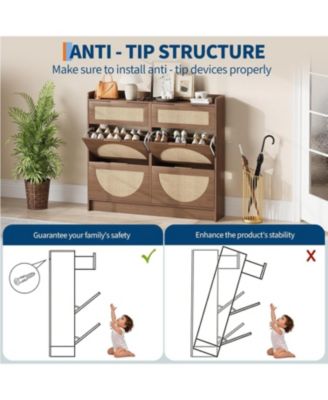 Rattan Shoe Storage Cabinet with 4 Flip Drawers and 2 Drawers Freestanding Organizer for Front Door Entrance Hidden Narrow Shoe Rack