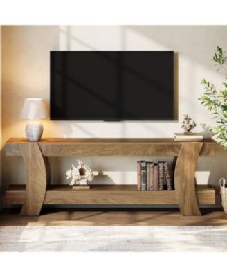63" TV Stand with 2 Open Shelf, Farmhouse Wooden Media Console for 55/60/65/70-Inch TVs, Modern TV Console Entertainment Center