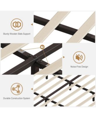  Bed Frame with LED Lights, Headboard with Built-in Charging Station, Upholstered & Trim Wingback Bedframe