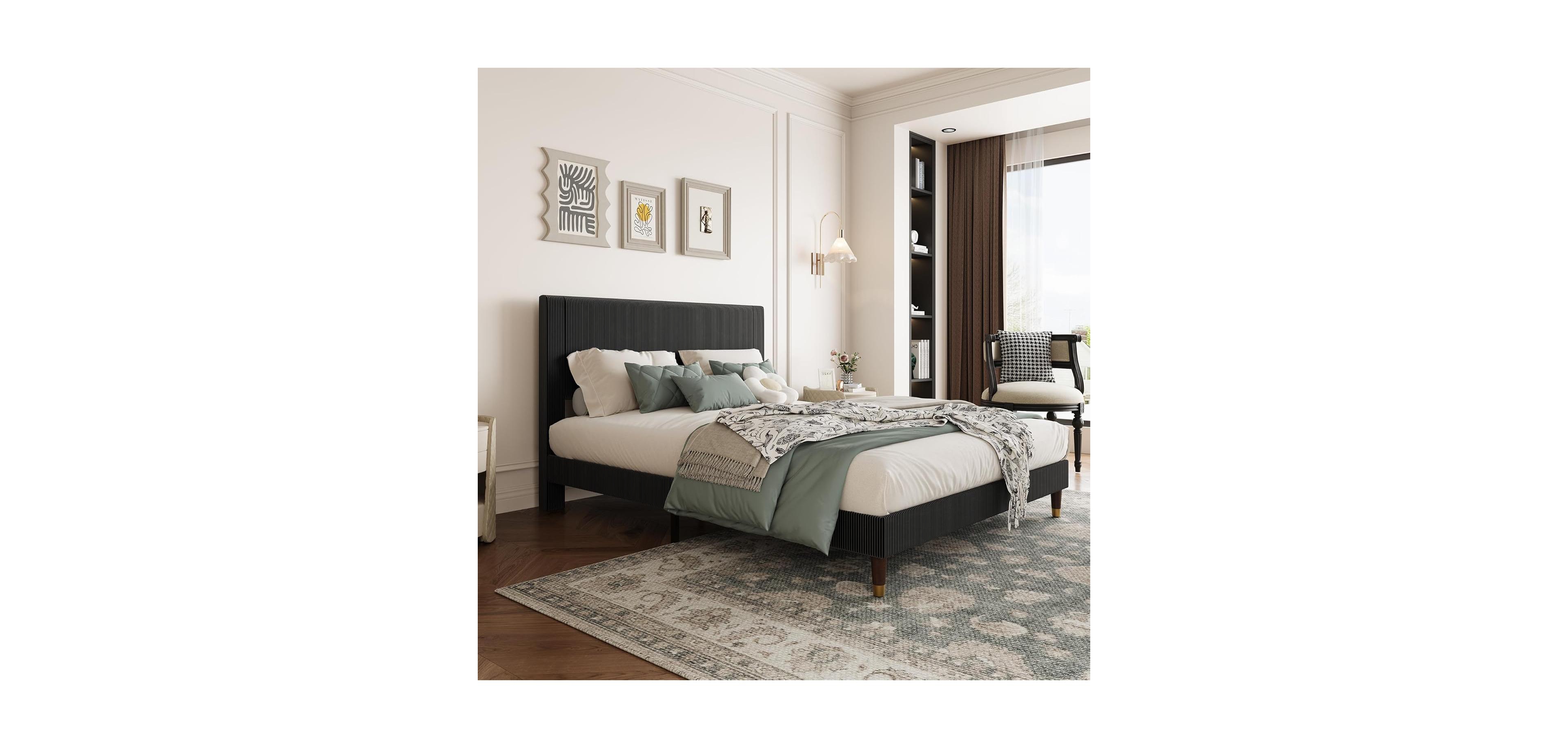 gaomon Bed Frame with Upholstered Headboard and Strong Wooden Slats Support, Soft Corduroy Fabric Platform Bed