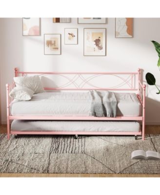 Daybed Metal Frame with Trundle Platform Sofa Bed Lockable Casters Metal Slats Living Room Bedroom Guest