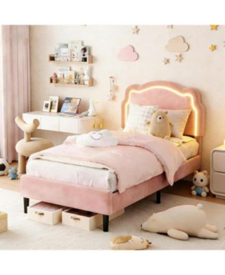 Twin Upholstered Bed Frame with Smart LED and Adjustable Bear Headboard, Velvet Princess Platform Bed, Wooden Slats Support Kids Bed
