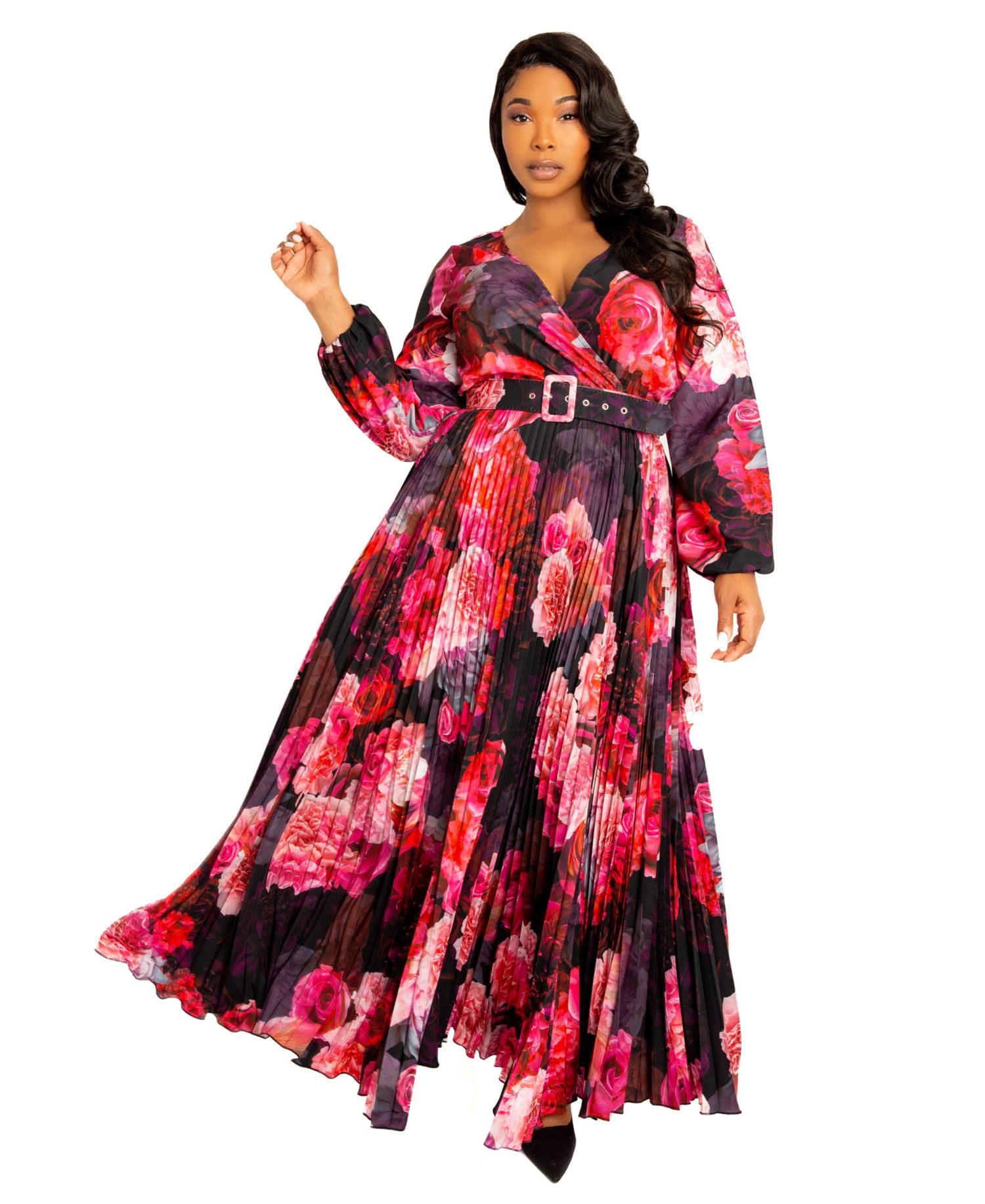 Plus Size Women's Floral Pleated Maxi Dress with Belt