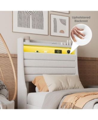 Bed Frame, Platform Bed with Upholstered Headboard and LED Lights, Modern Bed Frame with Under Bed Storage Space, Charging Station