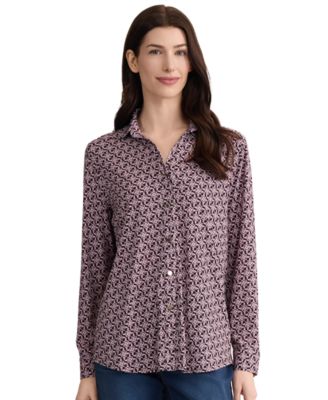 Petite Long-Sleeve Button-Front Printed Top
