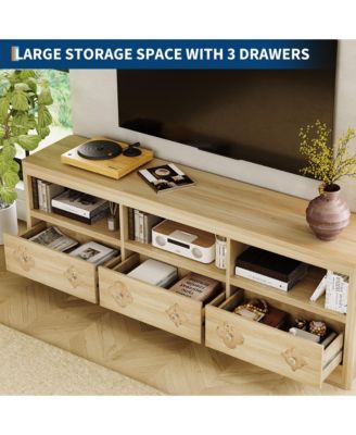 70in TV Stand for TVs Up to 85", Mid Century Modern Entertainment Center with Storage Engraving Drawer and Open Shelves