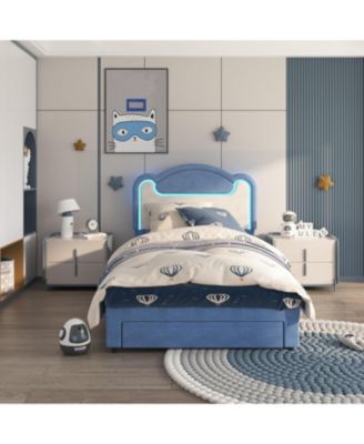 Size Upholstered Bed Frame with LED Lights & Storage Drawers, Fabric Headboard & Wood Slats, No Box Spring Needed, Princess Bed for Girls