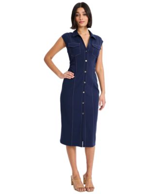 Women's Cap-Sleeve Button-Front Midi Dress