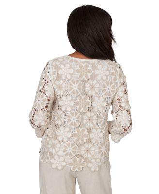Petite Floral Crochet 3/4-Length-Sleeve Top