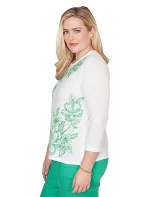 Petite Resort Living Tropical Flower Embroidered Crew Neck Top