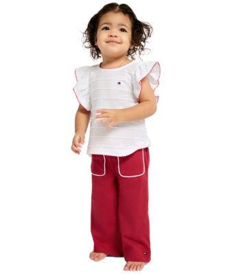 Baby Girls' Crochet Trim Striped Top and Patch Pocket Wide Leg Pants, 2-Piece Set