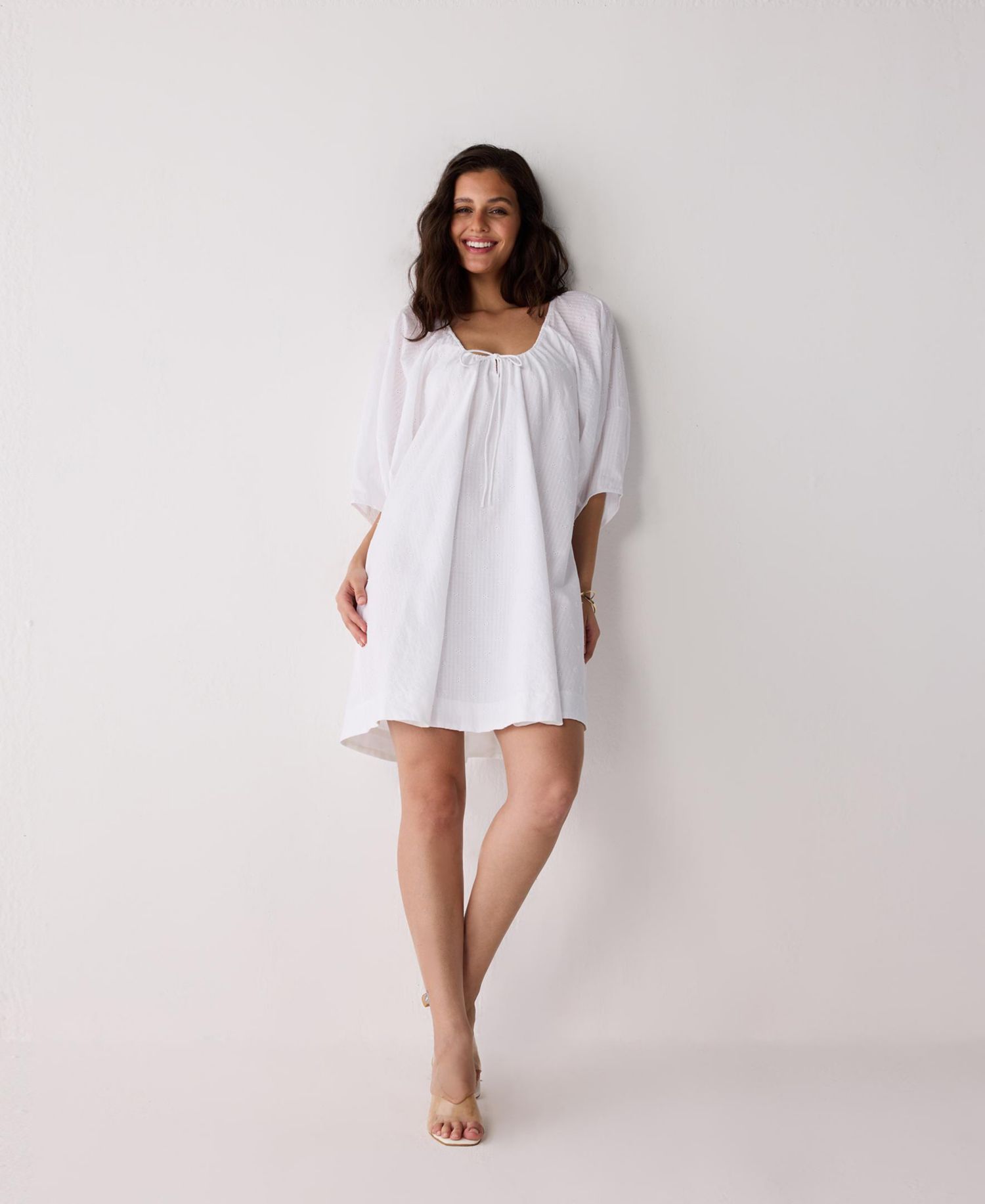 Women's Puff Sleeved Dress with Drawstring Neckline