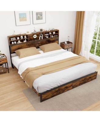 King Bed Frame with Charging Station Storage Headboard Under-bed Storage Space