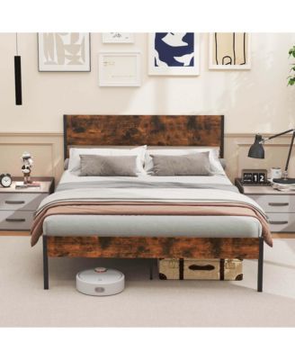 Queen Size Bed Frame with Wooden Headboard Under-Bed Storage No Box Spring Needed