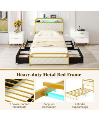 Twin Size Bed Frame with LED Lights & Charging Station Storage Headboard & Drawers