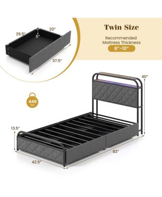 Twin Size Bed Frame with LED Lights & Charging Station Storage Headboard & Drawers