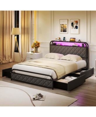 Full Size Bed Frame with LED Lights and Charging Station Storage Headboard and Drawers