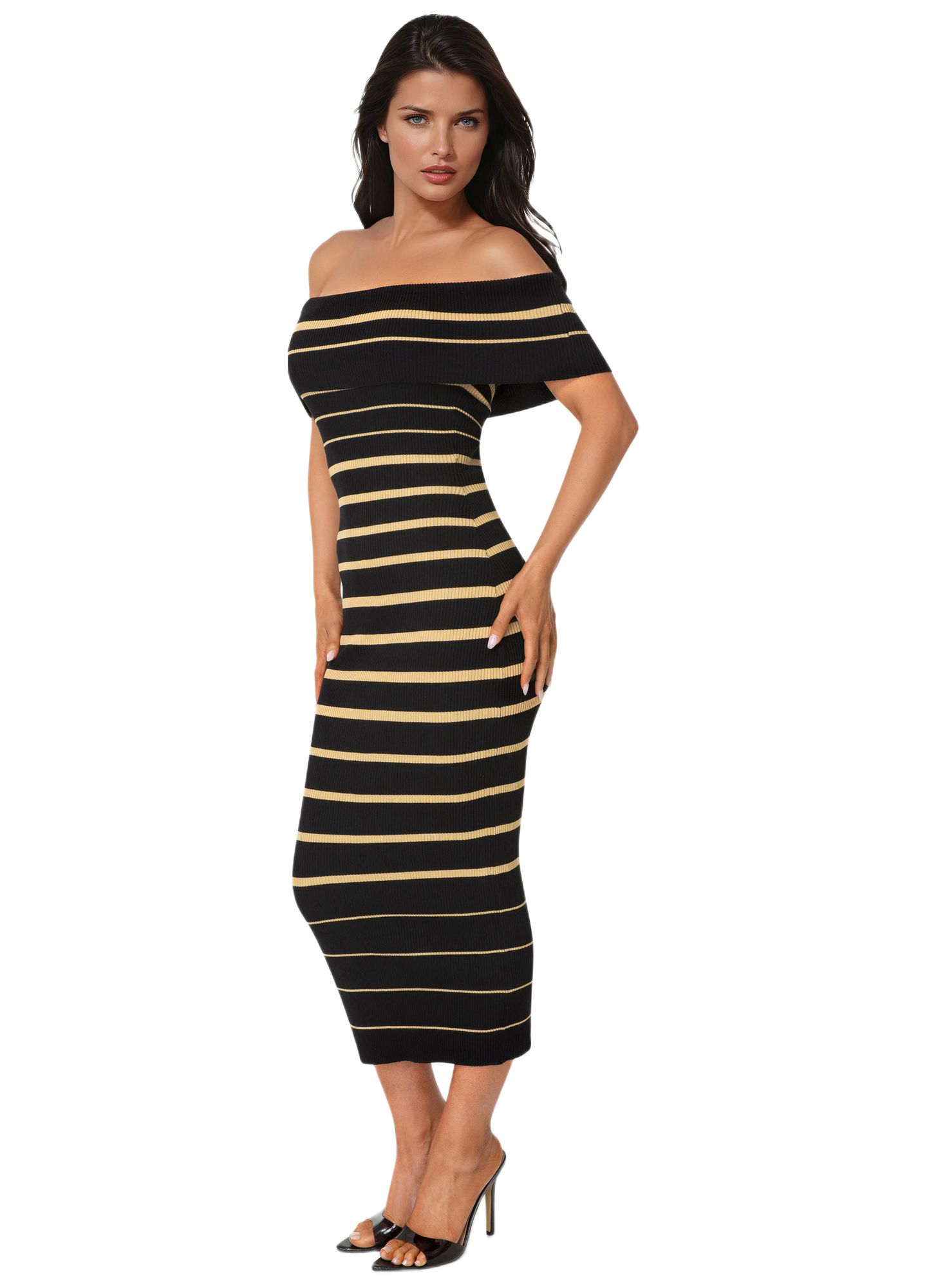 Женское платье Bebe Stripe Off Shoulder Maxi, цвет: Чёрный — фото 2