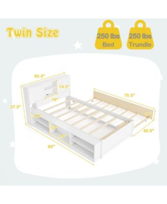 Twin Size Bed Frame with Trundle & Power Outlet Bookcase Headboard Sliding Doors