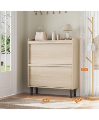 Shoe Cabinet with 2 Flip Drawers Narrow Cabinet with Adjustable and Removable Shelves Modern Wooden Shoe Organizer with Hidden Handle