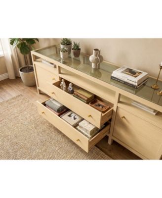 Solid Wood Sideboard With Tempered Glass Top, Pre-Assembled Cabinet , TV Stand