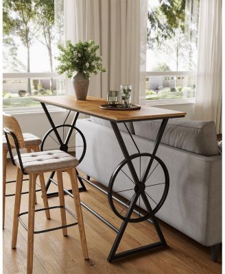 63" Bar Table, Long Counter Height Table, Modern Kitchen Bar Height Table with Footrest & Wheel-Shaped Legs