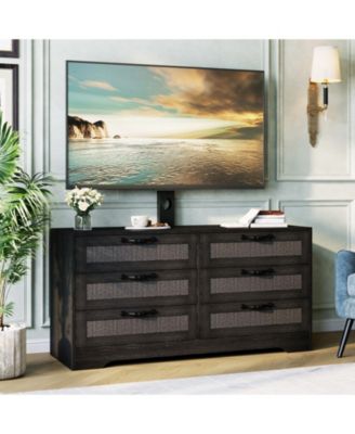 TV Stand with Mount, 47.2" Modern Entertainment Center 6-Drawer Rattan Dresser for 32-85 Inch TVs