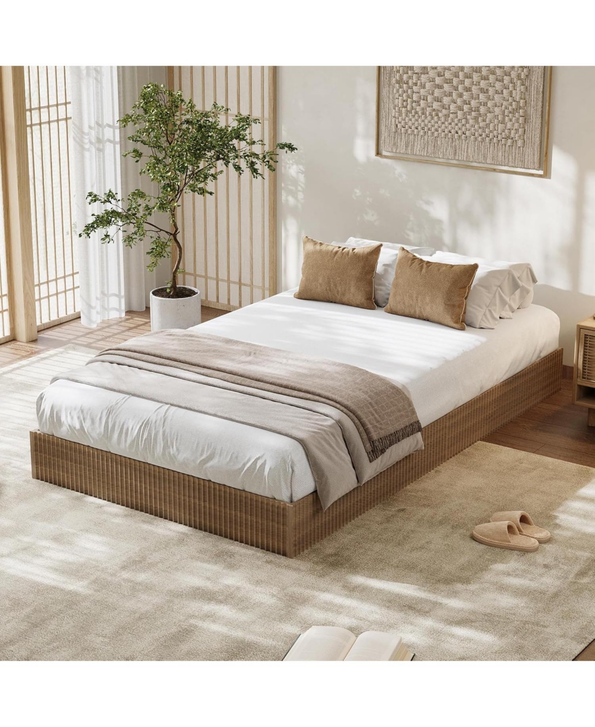 gaomon California Bed Frame, Wood Platform Bed with Fluted Design, Low Profile BedFrame, Minimalist Bed Base with Noise-Free