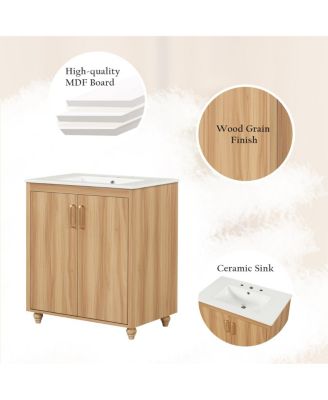 30" Bathroom Vanity with Ceramic Sink, Natural Solid Wood & MDF Cabinet, Adjustable Shelf, Drawer Storage for Modern Bathrooms-Sillysis