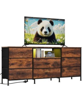 63" TV Stand with 8 Fabric Drawers and LED Lighting, Steel Frame Media Console for 65 70 75 Inch Televisions