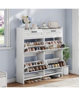 Shoe Cabinet with 4 Flip Drawers and 2 Top Drawers High-Gloss Painted Wood Shoe Organizer with Adjustable Shelves Freestanding Shoes.