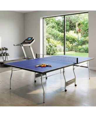 8 Ft Blue Foldable Portable Ping Pong Table Mid-Size Table Tennis Game Set with Net Paddles for Family Game Room