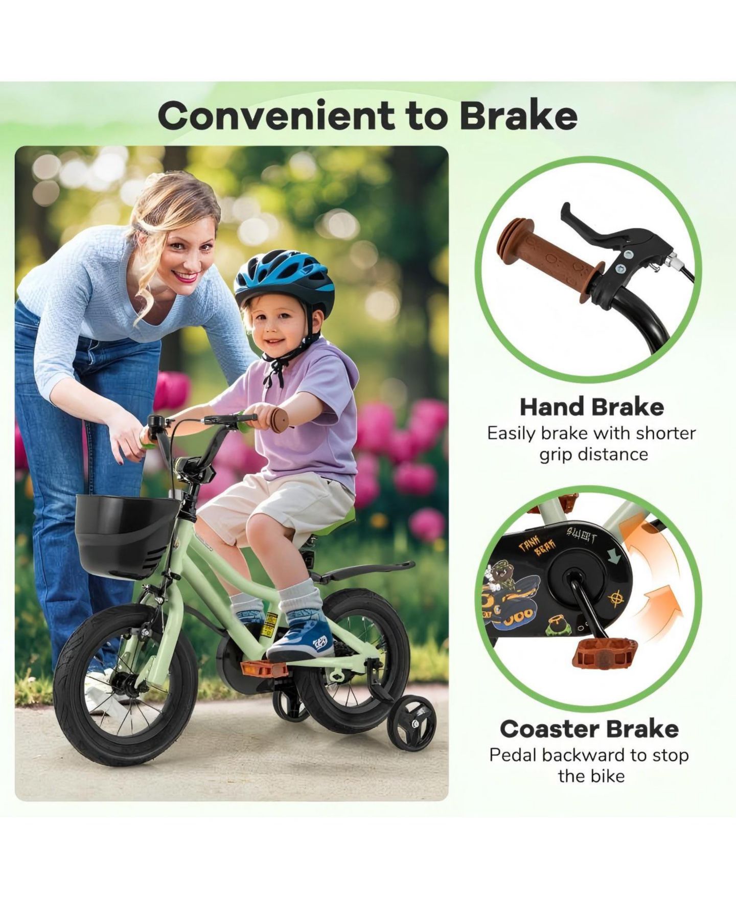 Детская игрушка HONGGE 12 Inch Adjustable Kids' Bike with Training Wheels, Ages 3-4, цвет: Зелёный — фото 7