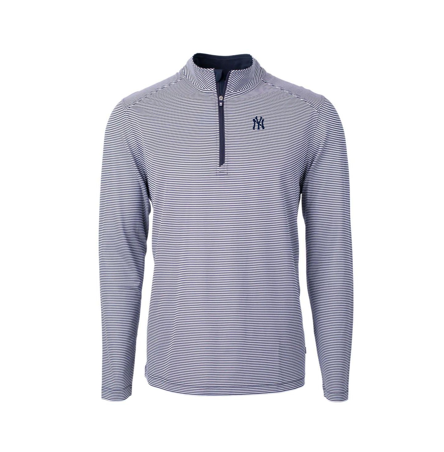 Мужской свитер Cutter & Buck Navy/White New York Yankees Virtue Eco Pique Micro Stripe Quarter-Zip Pullover — фото 2