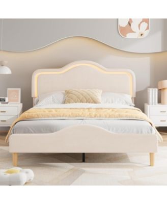 Full Size Upholstered LED Bed Frame with Adjustable Headboard and Footboard, Velvet Princess Platform Bedframe for Kids/Girls, Easy Assembly