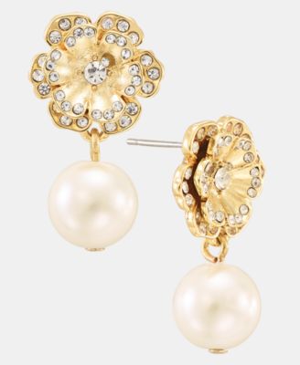 Imitation Pearl & Crystal Flower Drop Earrings