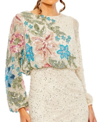 Women's High Neck Blouson Sleeve Sequin Gown