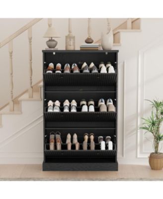 Shoe Cabinet with 3 Flip Drawers Modern Fluted Cabinet with Adjustable Shelves Freestanding Wooden Shoe Organizer for Entryway Hallway