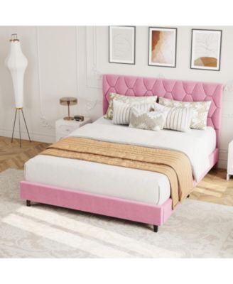 Platform Bed Frame with Adjustable Upholstered Headboard, Modern Bed Frame with Wooden Slats Support & Triangular Feet