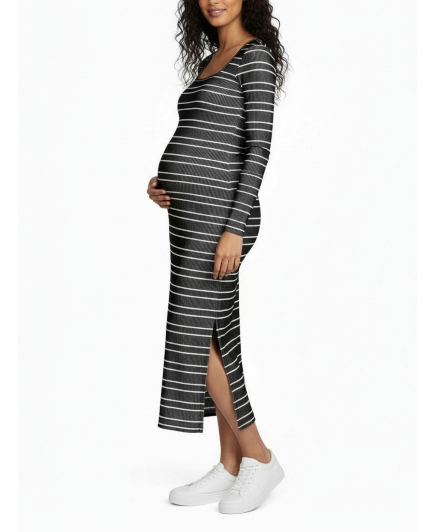 Женское платье Motherhood Maternity Square Neck Rib Knit Long Sleeve Bodycon Maxi Dress - Motherhood, цвет: Чёрный / Белый — фото 5