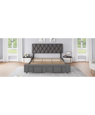 King Size Bed Frame Diamond Tufted Headboard Upholstered Platform Storage Drawer Wooden Slats Noise-Free No Box Spring