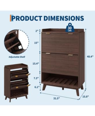 Fluted Shoe Storage Cabinet for Entryway with 2 Flip Drawers and Adjustable Shelves 48 inch Tall Freestanding Narrow Wood Shoe Cabinet