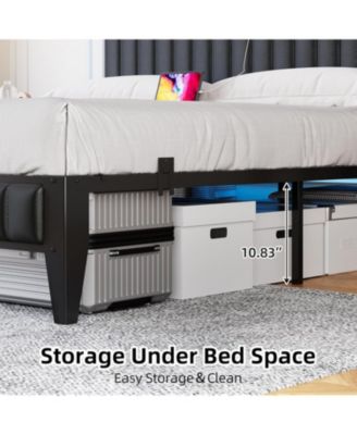 Queen Bed Frame with Charging Station, LED Bed Frame with Storage Headboard, Upholstered Platform Bed Frame, No Box Spring Needed