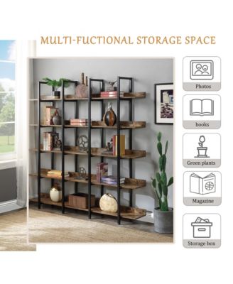 5 Tier Open Bookcase - Vintage Industrial Bookshelves with Metal Frame, MDF Board and Back Fence for Home Office.